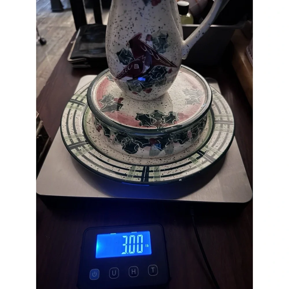 Vtg Christmas Cardinals Julie Ueland Cardinal Plate Cake Riser Plate Pitcher